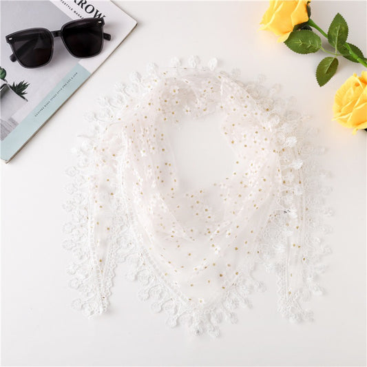 Close-up of Haila Daisy Lace Triangle Veil Scarf highlighting delicate daisy lace details