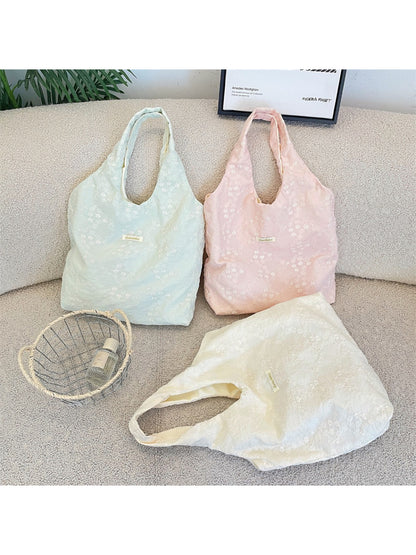 Cosbai Soft Daisy Shoulder Tote Bag in beige with daisy embroidery and shoulder strap