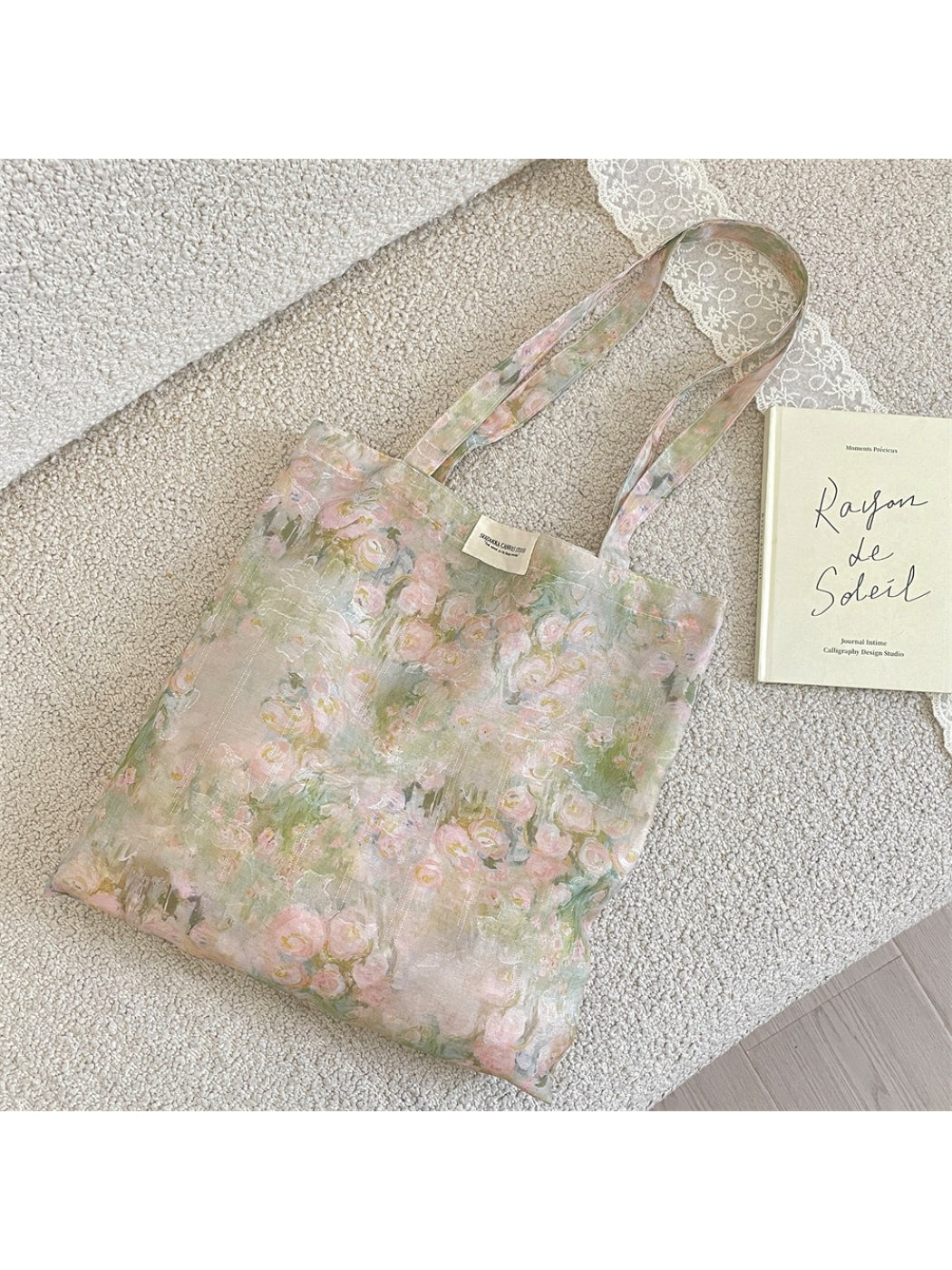 Cosbai blush floral shoulder tote bag with pink and white flower pattern on fabric
