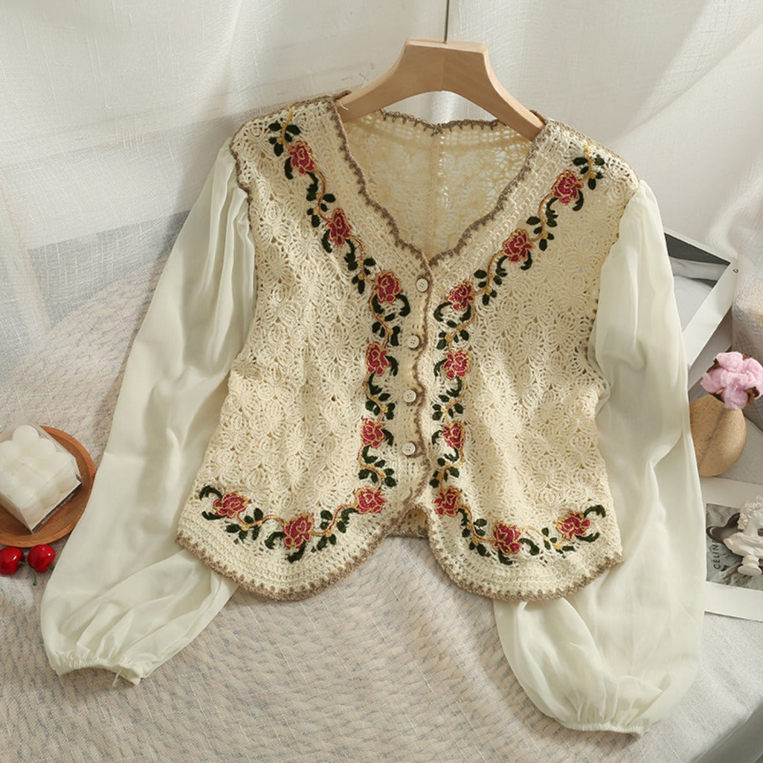 Crosa - Embroidered Floral Hollow Lace Shirt