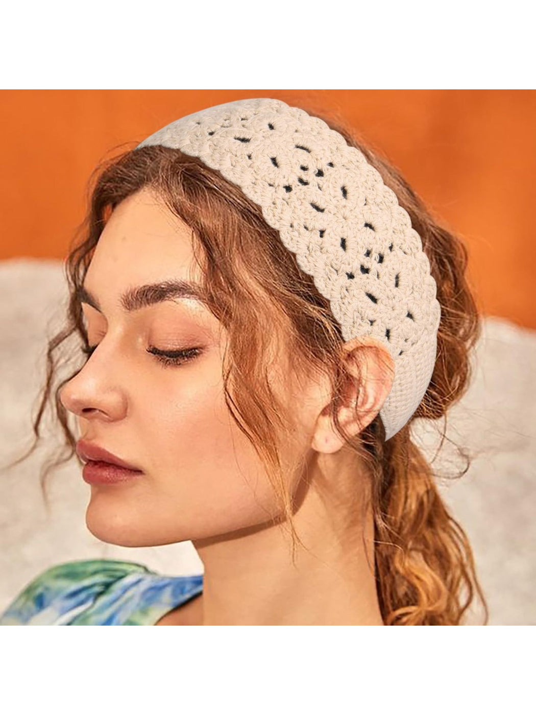 Scarvii crochet lace knit headband worn on a model with hair down