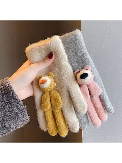 Gloving - Women's Cute Bear Accent Knit Winter Gloves