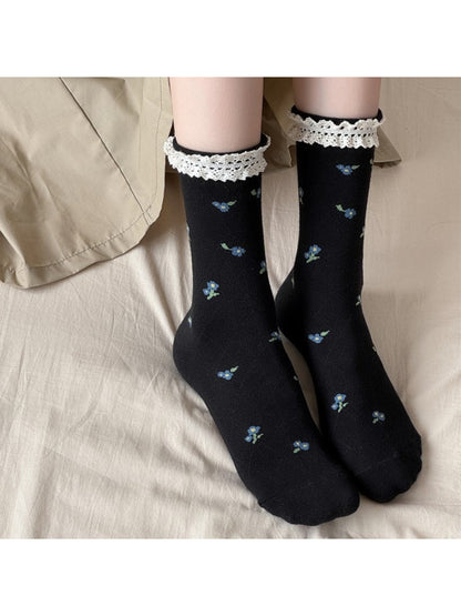 Rufia - Lace Trim Floral Crew Socks