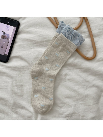 Rufia - Bow Pattern Ruffle Cuff Casual Crew Socks