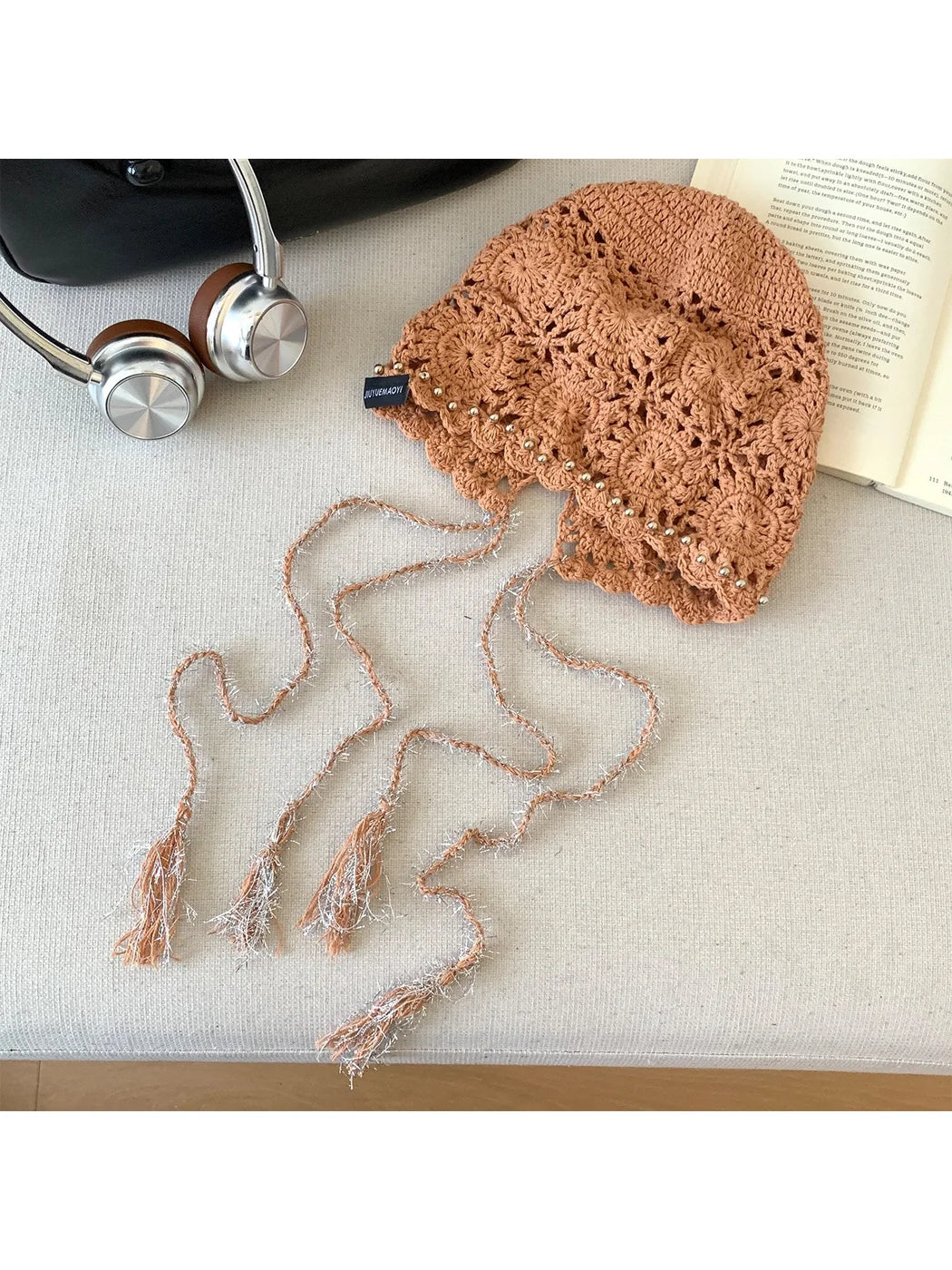 Haila - Openwork Crochet Bonnet with Beaded Trim