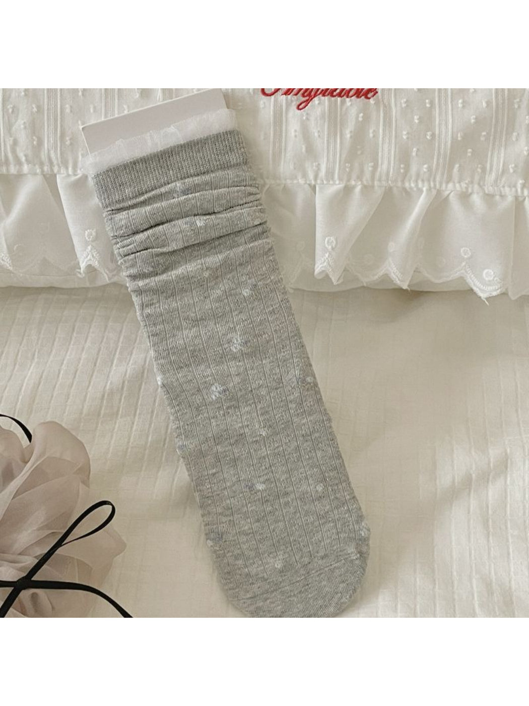 Close-up of toe and heel area on Rufia Ditsy Bow Ribbed Crew Socks