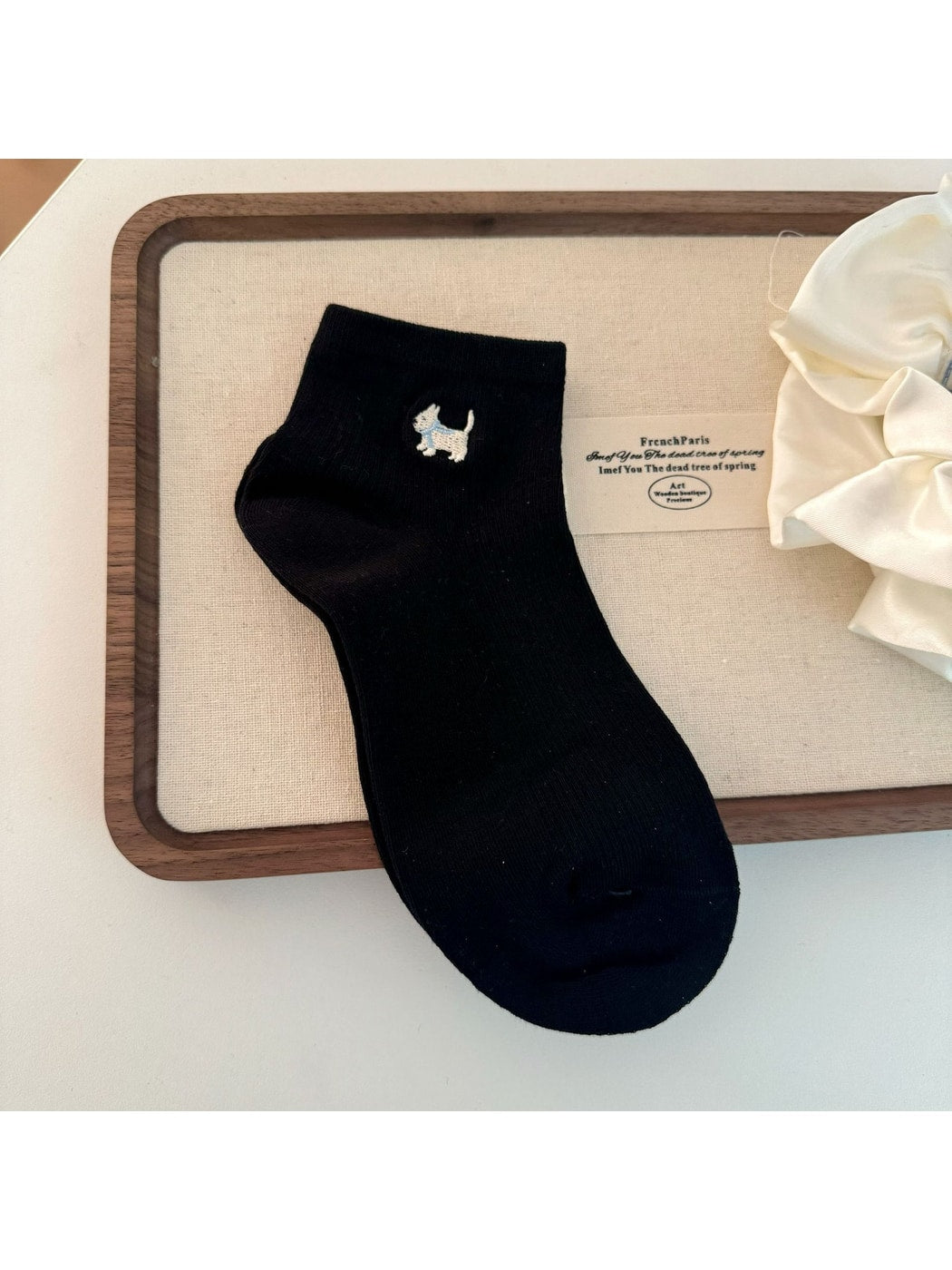 Rufia - Cute Dog Embroidery Solid Color Ankle Socks