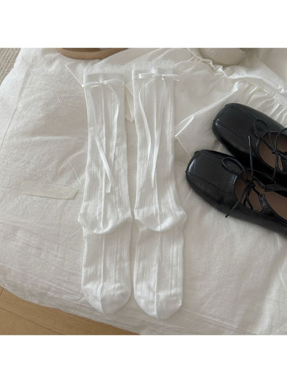 Rufia - Simple Solid Color Bow Mid-calf Socks