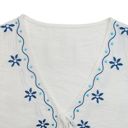Troposa - Boho White Embroidered Lounge Top and Short Set