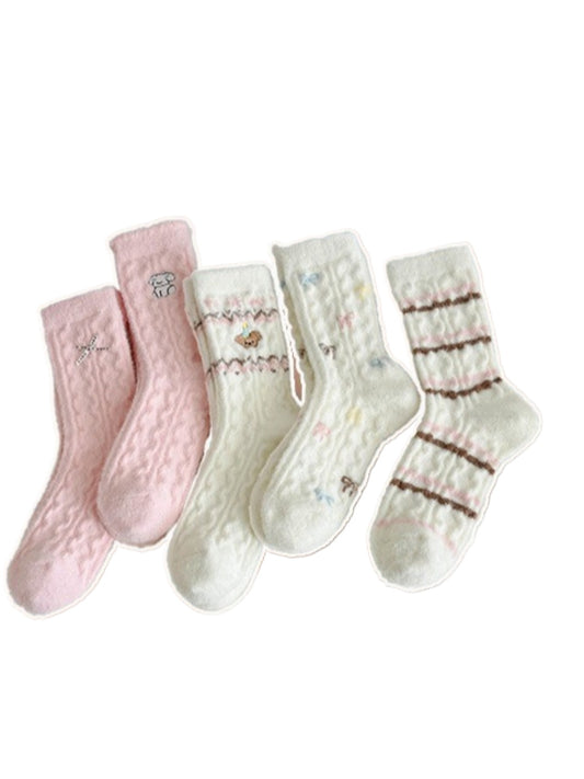 Rufia - Cute Soft Thick Winter Socks - Pink & White