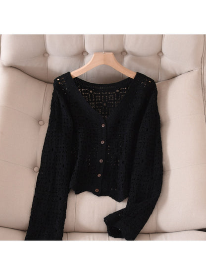 Crosa - Long Sleeve Short Style V Neck Knit Cardigan