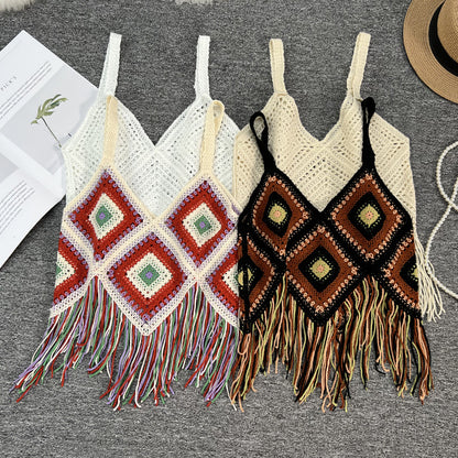 Crosa Checkered Bohemian Tassel Camisole Tank Top with tassel detail