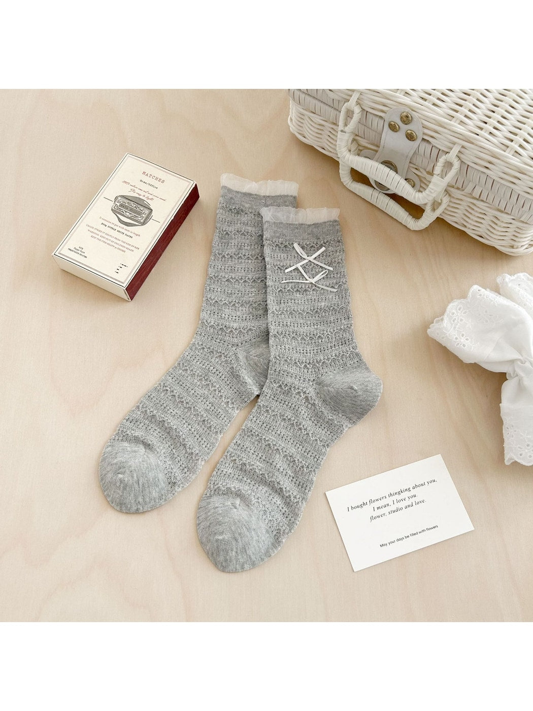 Rufia - Sweet Bow Detail Textured Women's Crew Socks