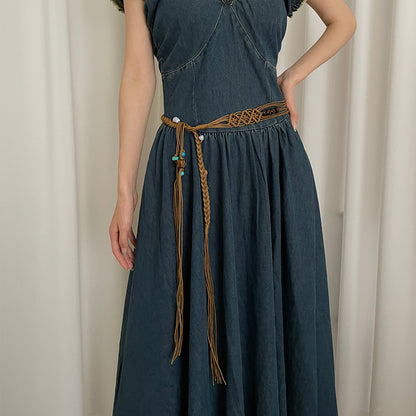 Beco Blue Beaded Braided Wide Tassel Tie Waist Belt for apparel accessory
