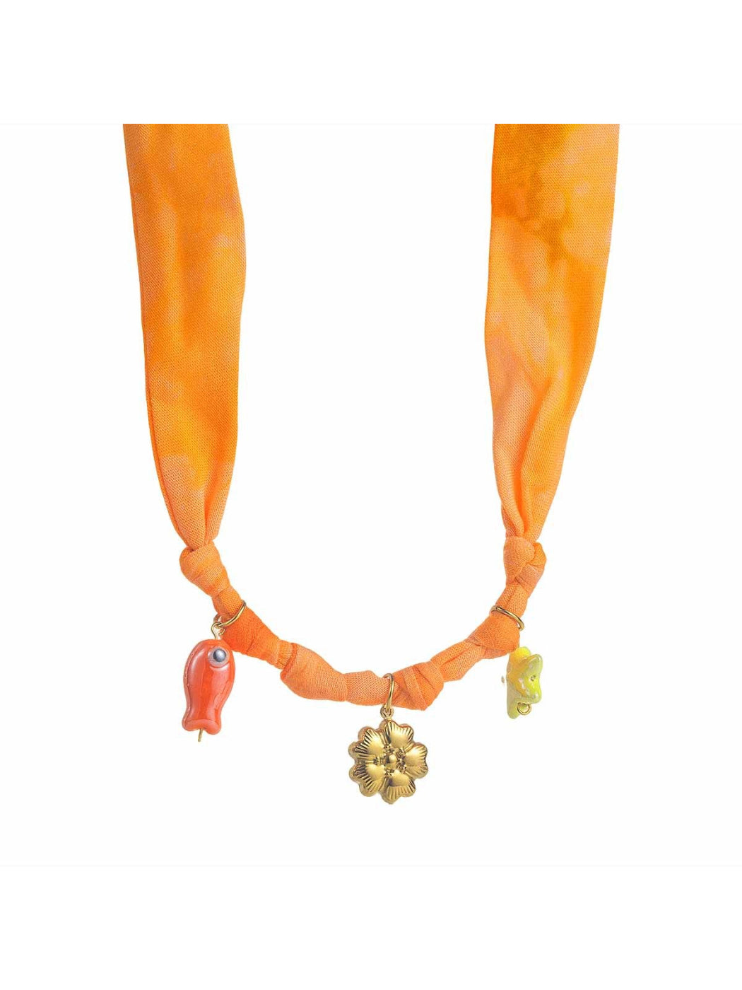 Neckit Summer Charm fabric necklace coiled to show fabric pattern and charm details