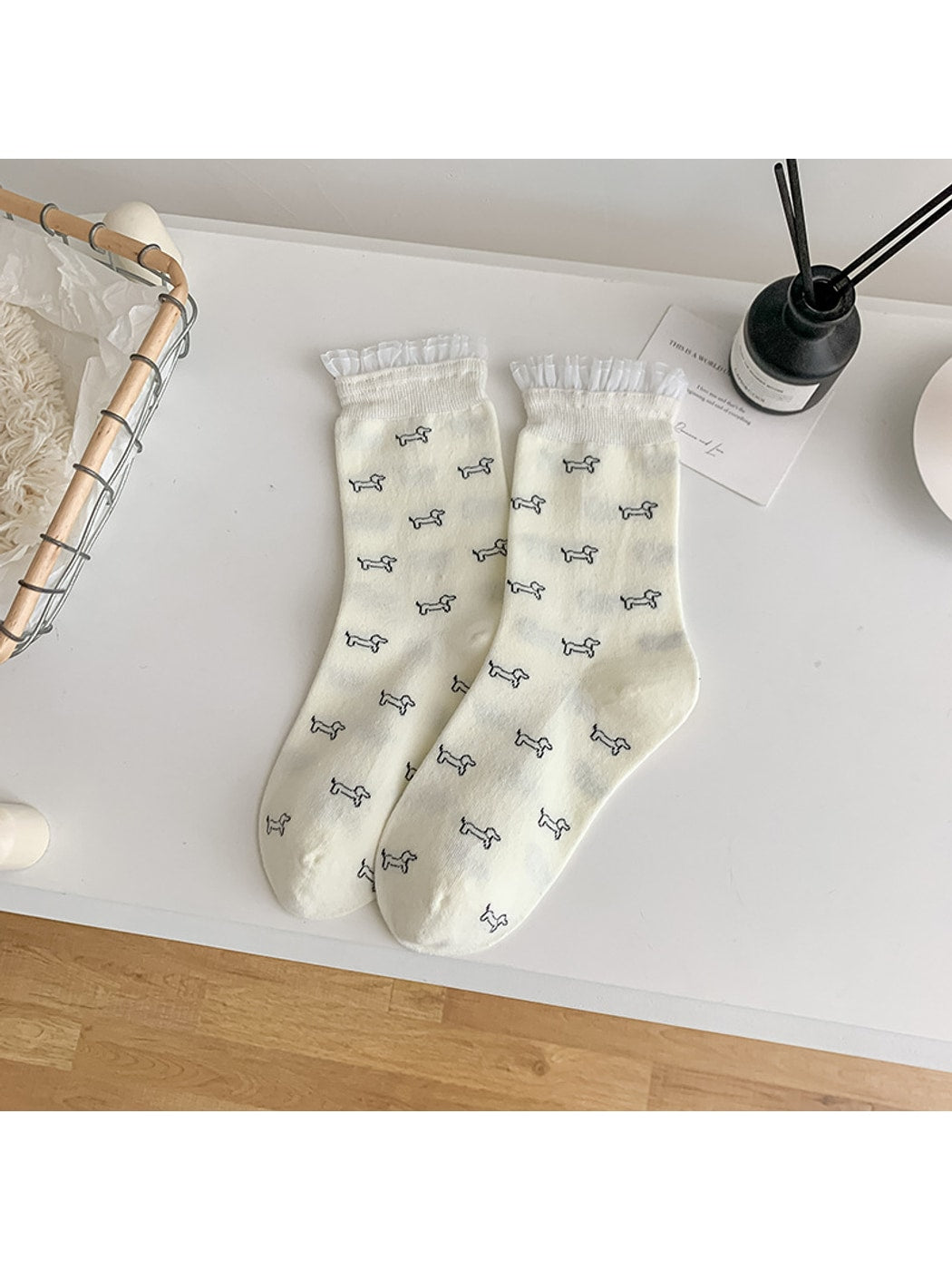 Rufia - Minimal Dog Pattern Ruffle Cuff Crew Socks