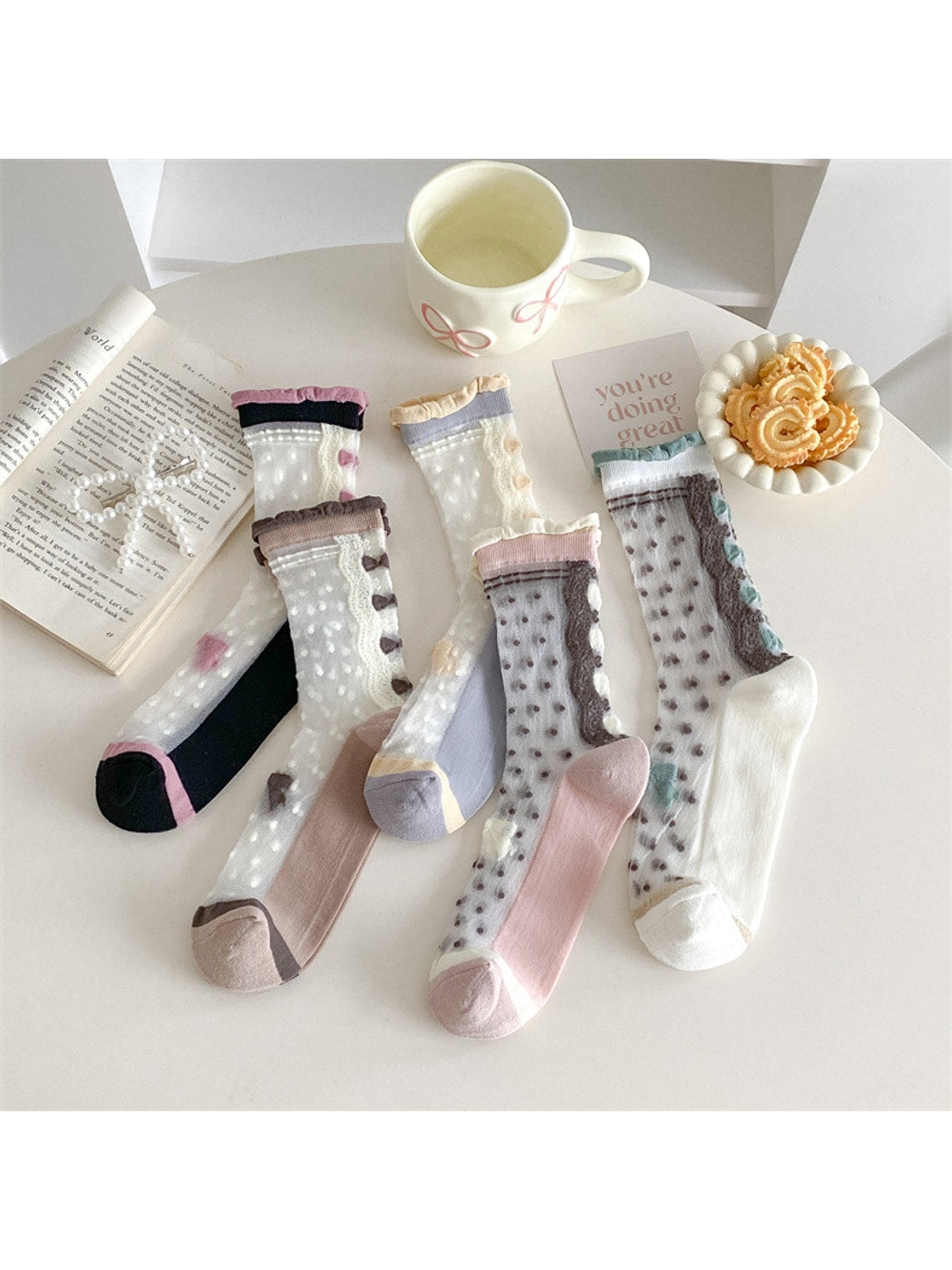Rufia - Polka Dot Lace Trim Crew Socks