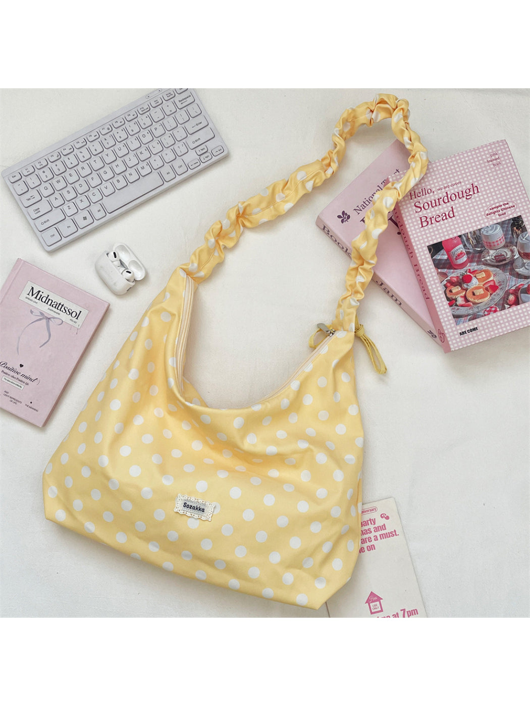 Cosbai - Polka Dot Ruched Strap Hobo Bag