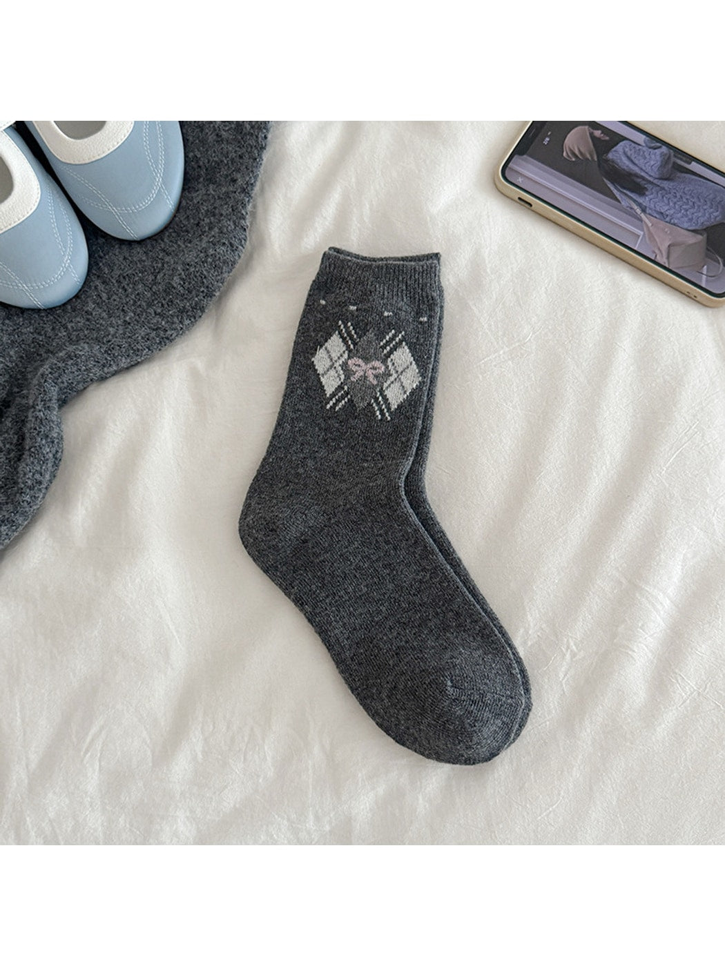 Rufia - Preppy Argyle Bow Pattern Crew Socks