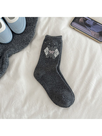 Rufia - Preppy Argyle Bow Pattern Crew Socks
