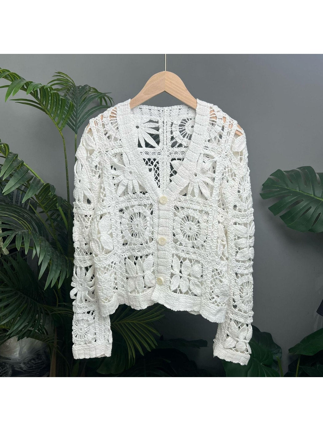 Crosa - Short Style Openwork Knit V Neck Cardigan