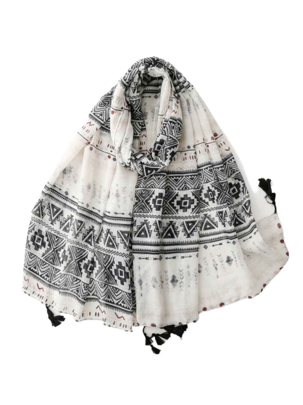 Scarvii - Ivory Geometric Band Tassel Wrap Scarf