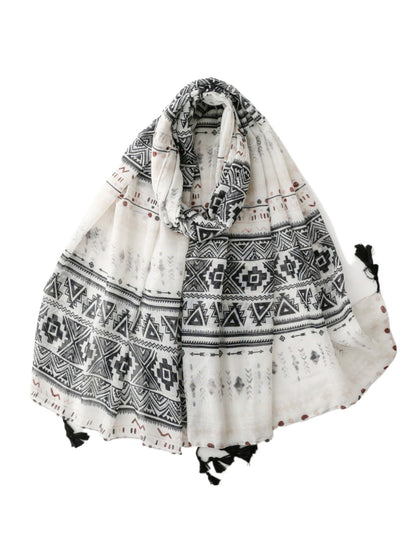 Scarvii - Ivory Geometric Band Tassel Wrap Scarf