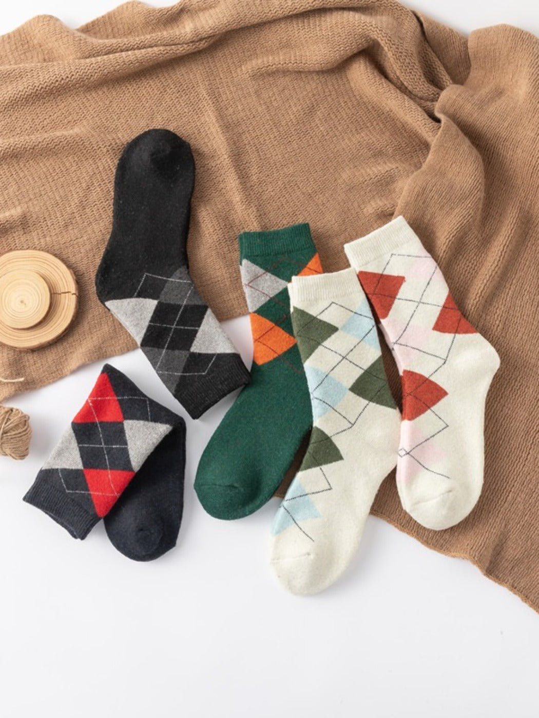 Rufia - Retro Plaid Thick Mid-Calf Winter Socks - 5 Pairs/Pack