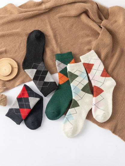 Rufia - Retro Plaid Thick Mid-Calf Winter Socks - 5 Pairs/Pack
