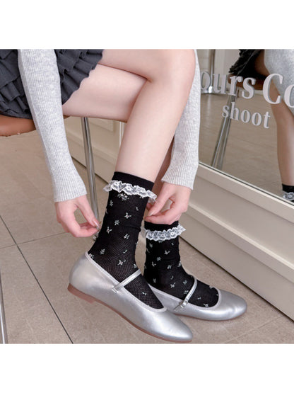 Side view of Rufia Romantic Lace Cuff Crew Socks showing ribbed texture and lace trim
