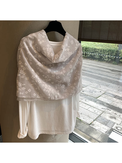 Scarvii - Floral Embroidered Lace Trim Shawl Scarf