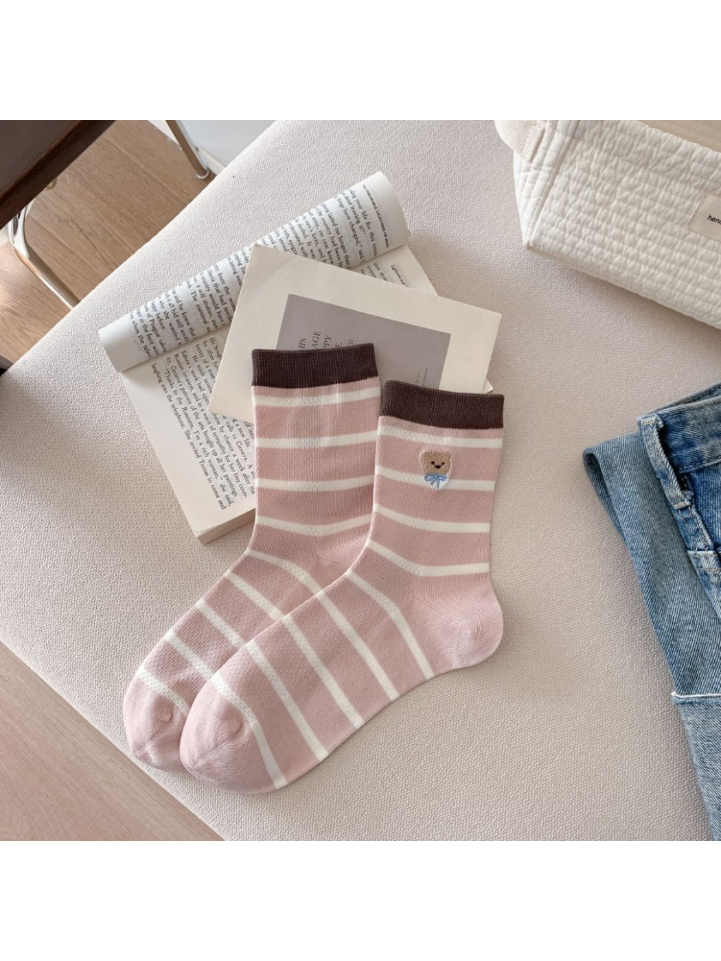 Rufia - Bear Patch Striped Crew Socks