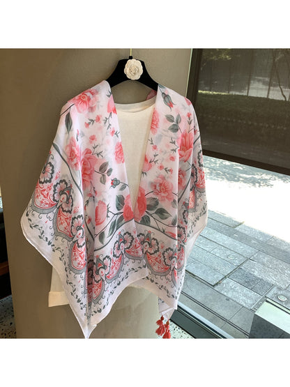 Scarvii - Floral Print Rectangular Shawl Scarf