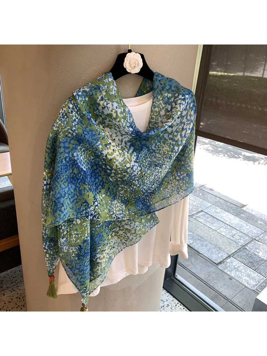 Scarvii - Blue Green Printed Plain Weave Shawl