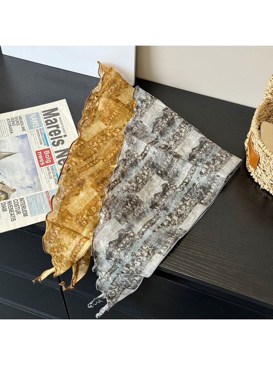 Scarvii - Distressed Style Wavy Trim Printed Triangle Scarf