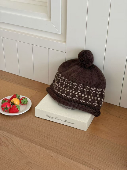 Haila - Fair Isle Rolled Brim Pom Pom Knit Beanie