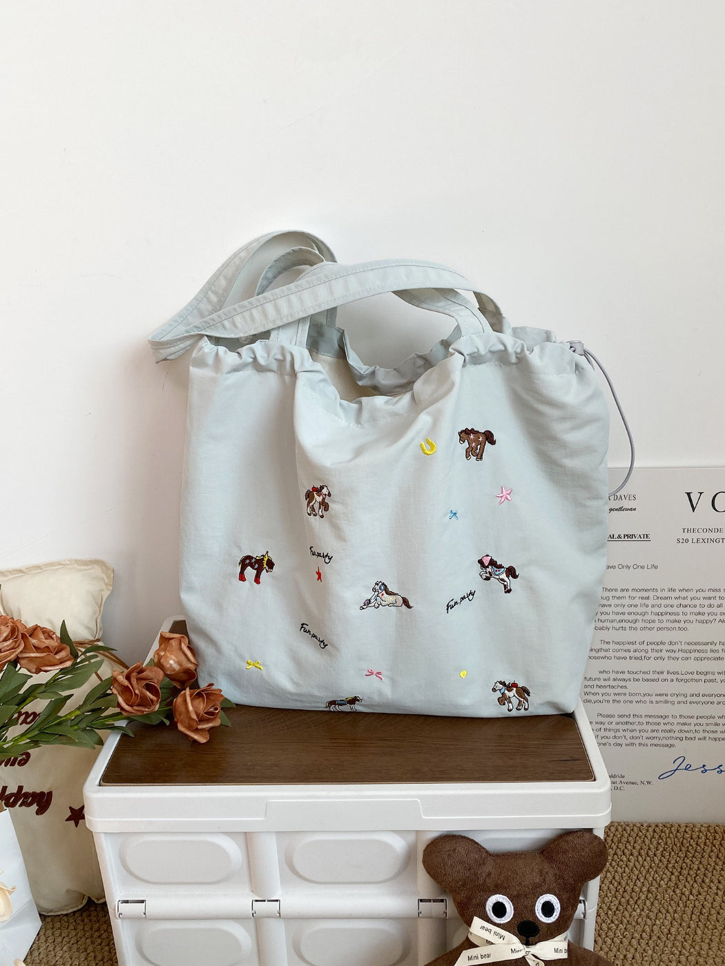 Back view of Cosbai drawstring shoulder bag featuring horse print design