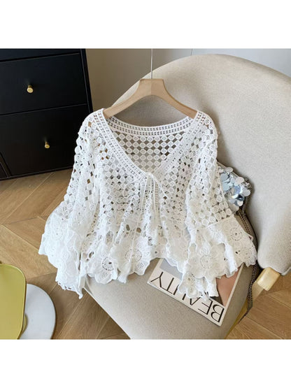 Crosa - V Neck Hollow Out Knit Pullover