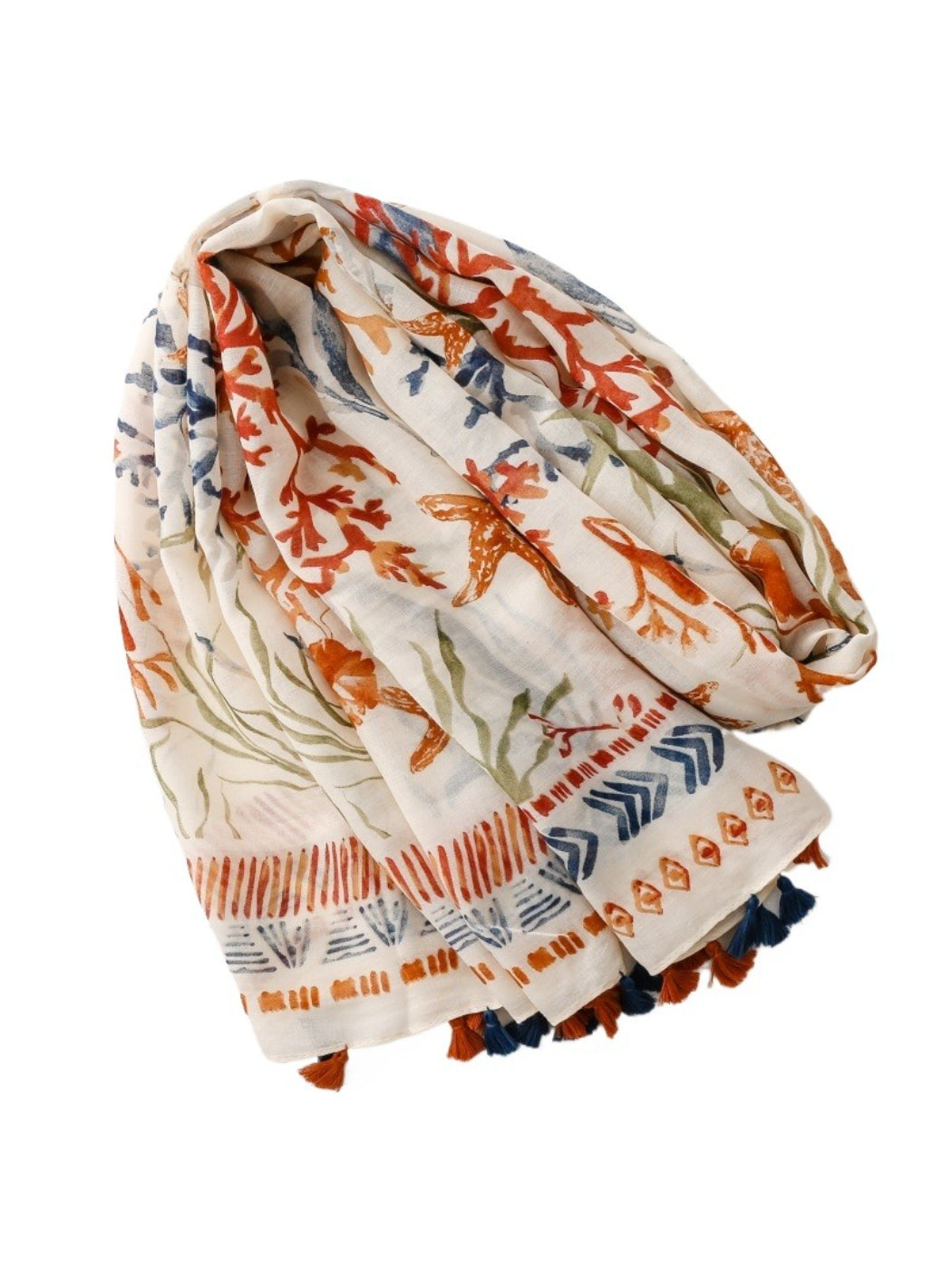 Scarvii Coastal Starfish Tassel Scarf spread flat highlighting tassel details