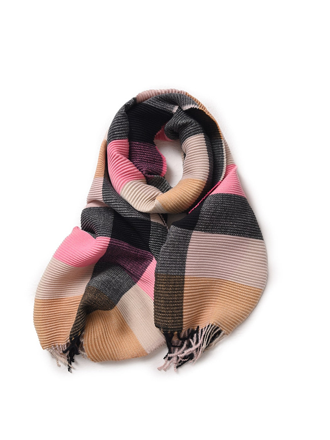 Scarvii - Ribbed Colorblock Plaid Fringed Scarf