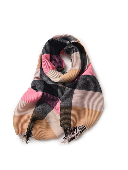 Scarvii - Ribbed Colorblock Plaid Fringed Scarf