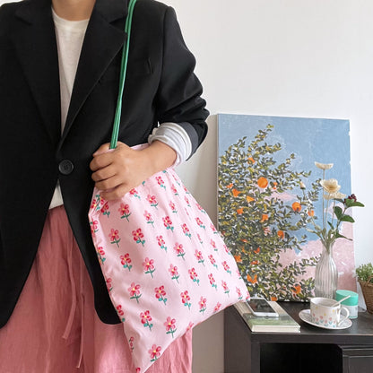Cosbai pink floral everyday tote bag with handles extended
