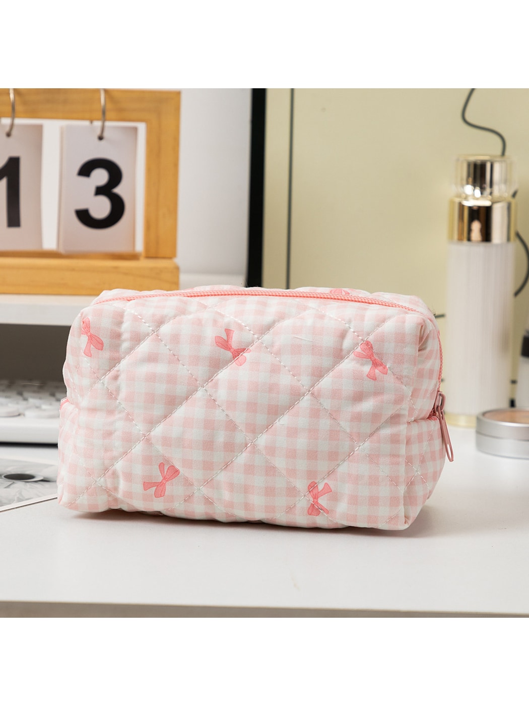 Cosbai - Bow Print Quilted Cosmetic Organizer Bag