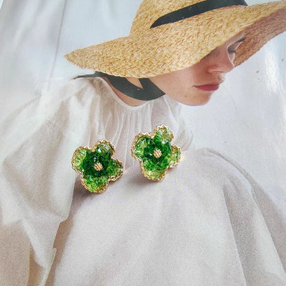 Earwish - Green Sparkling Floral Earrings - Delicate & Chic