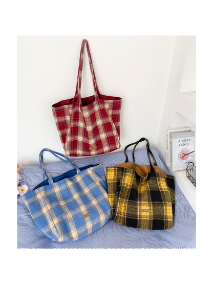 Cosbai – Dual-Side Tote Bag with Plaid Pattern