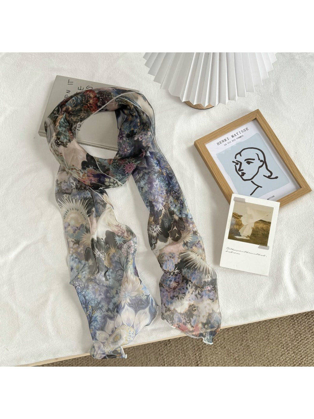 Scarvii - Semi Sheer Dyed Pattern Long Narrow Scarf