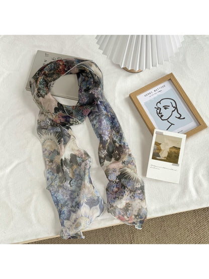 Scarvii - Semi Sheer Dyed Pattern Long Narrow Scarf