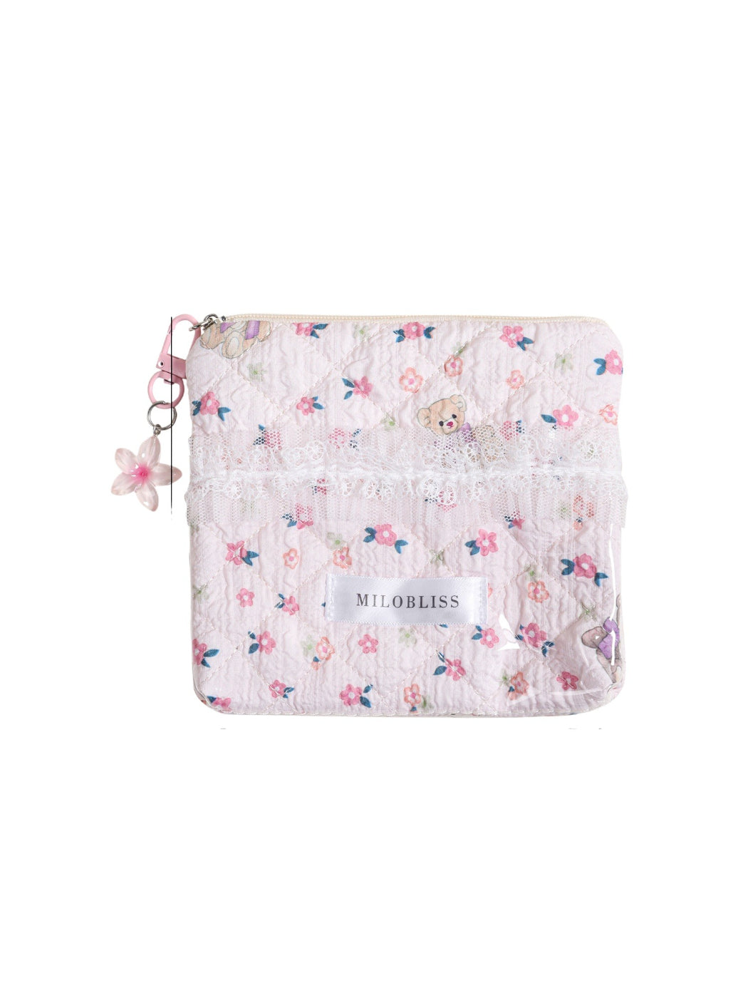 Cosbai - Lace Floral Quilted Zipper Pouch with Charm detail view 2