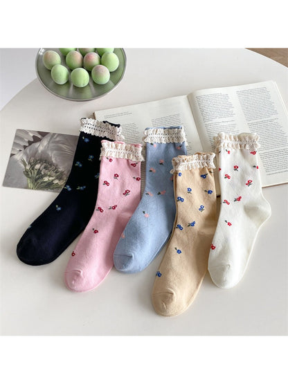 Rufia - Lace Trim Floral Crew Socks