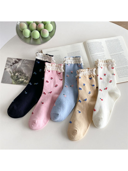 Rufia - Lace Trim Floral Crew Socks